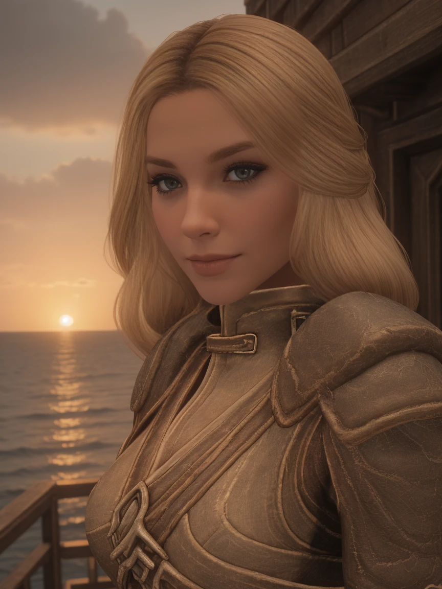 closeup shot of a stunning female Breton maiden stands poised on the weathered deck of a majestic ship at sunset in Skyrim. Her porcelain skin glows softly, illuminated by the warm rays of the rising sun. Delicate features and raven tresses frame her enigmatic smile as she gazes out to sea, the wind gently tousling her locks, blonde hair,female breton