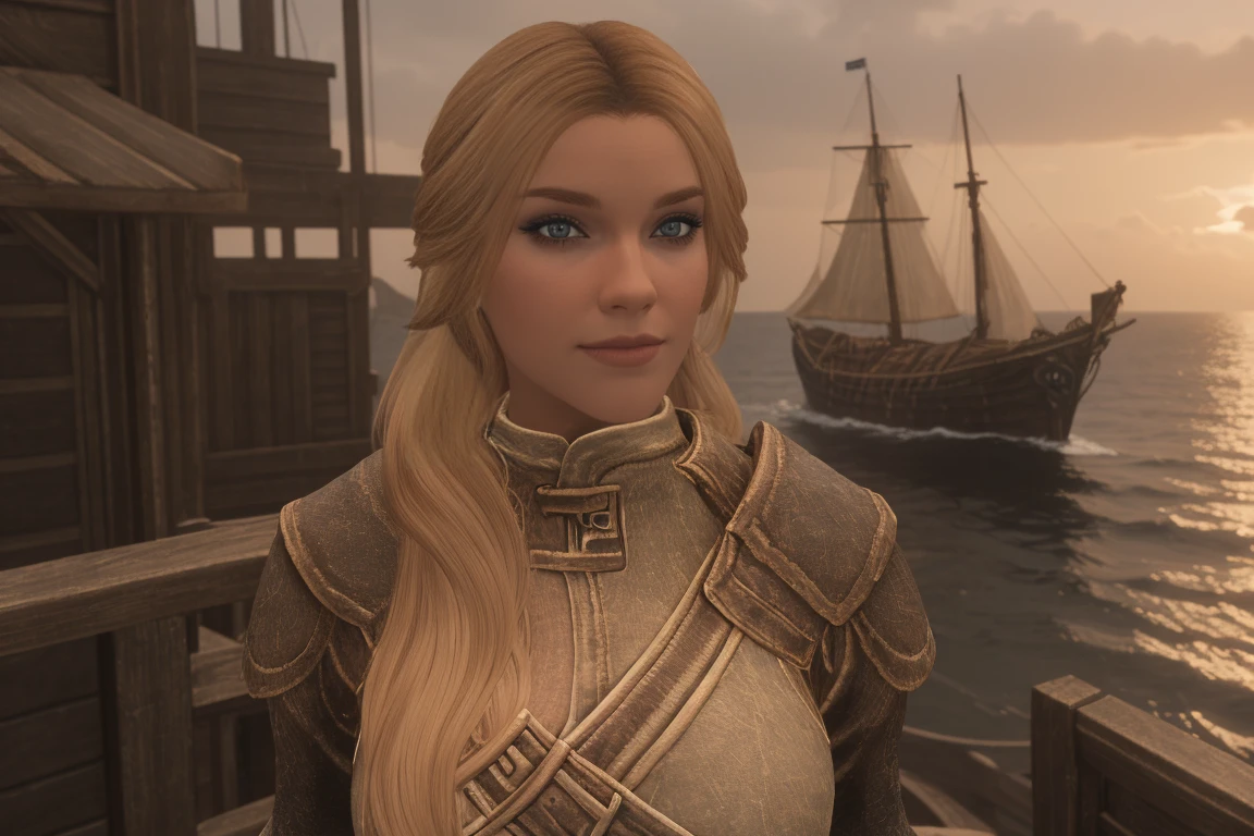 closeup shot of a stunning female Breton maiden stands poised on the weathered deck of a majestic ship at sunset in Skyrim. Her porcelain skin glows softly, illuminated by the warm rays of the rising sun. Delicate features and raven tresses frame her enigmatic smile as she gazes out to sea, the wind gently tousling her locks, blonde hair,female breton