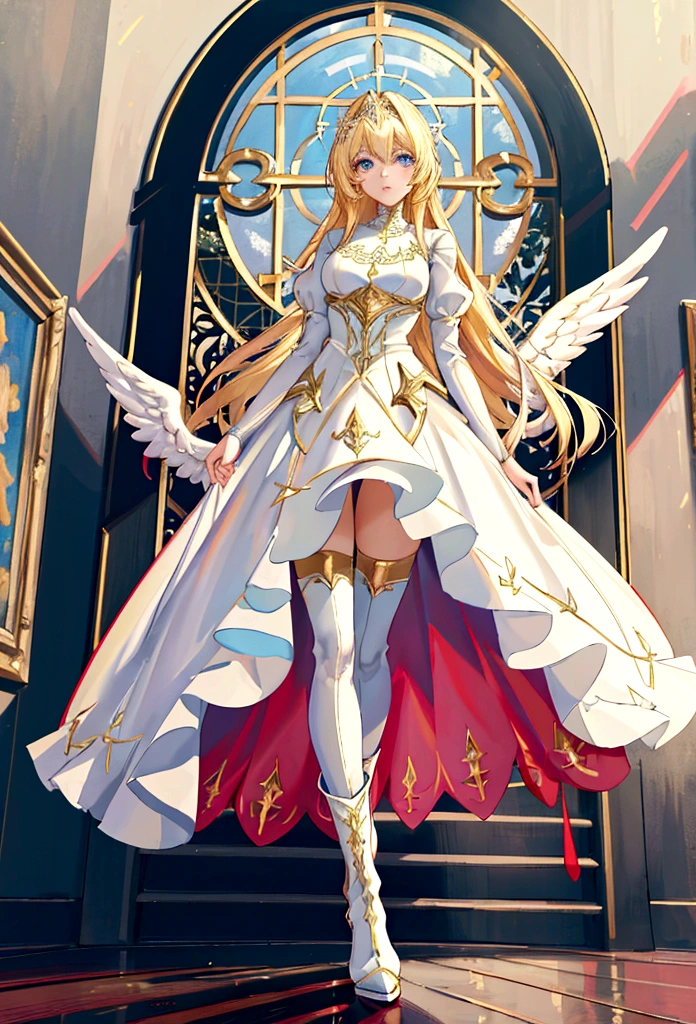 Arafed, a picture of a female angel in high society prom event, divine beautiful female angel, blond hair, long hair, flowing hair, the hair glows in a soft light, cerulean eyes, deep light eyes, divine beautiful face, (spread white feather wings: 1.1), she wears a ((red evening dress: 1.2)), elegant, intricate detailed dress, silk dress, she wears elegant knee high heeled boots, exquisite high heeled boots, she stands on the porch of a fantasy castle, dynamic angle, soft torch light, (Masterpiece: 1.5), 16k, highres, best quality, high details, ultra detailed, masterpiece, best quality, (extremely detailed), AngelStyle, GlowingRunesAI_paleblue, angel_wings