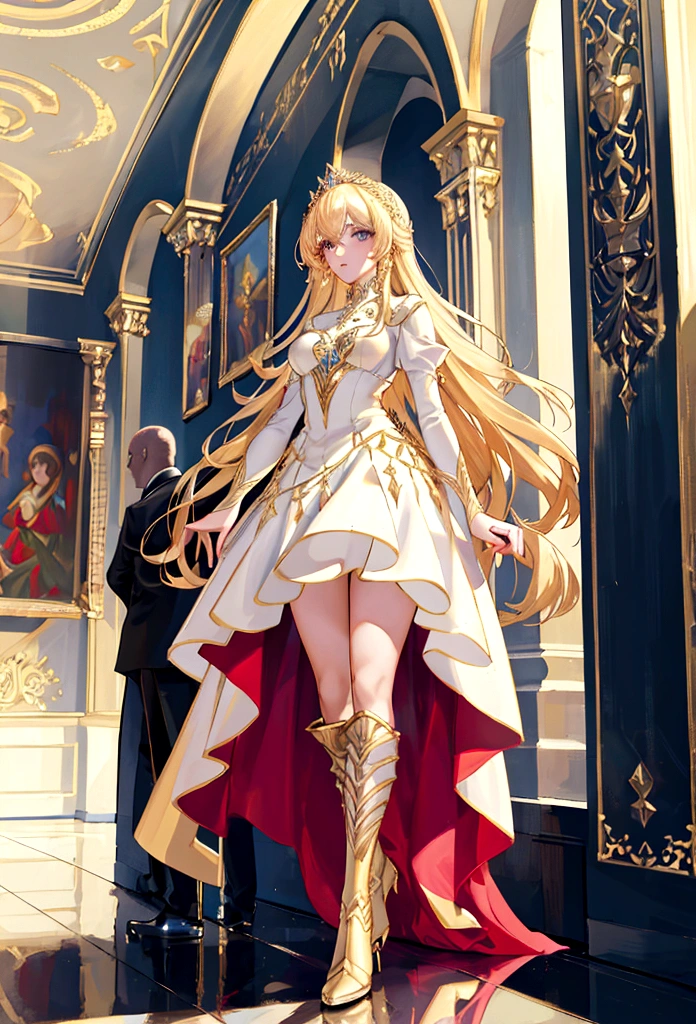 arafé, a picture of a female ange in high society prom event, divine beautiful female ange, cheveux blonds, cheveux longs, Cheveux flottants, les cheveux brillent dans une lumière douce, Yeux céruléens, yeux clairs et profonds, divin beau visage, (spread white feather ailes: 1.1), elle porte un ((robe de soirée rouge: 1.2)), élégant, robe détaillée complexe, Robe en soie, she wears élégant knee high heeled boots, bottes à talons hauts exquises, elle se tient sur le porche d&#39;un château fantastique, Angle dynamique, lumière douce de la torche, (chef-d&#39;œuvre: 1.5), 16k, haute résolution, Meilleure qualité, détails élevés, ultra détaillé, chef-d&#39;œuvre, Meilleure qualité, (extrêmement détaillé), AngeStyle, GlowingRunesAI_bleu pâle, ange_ailes