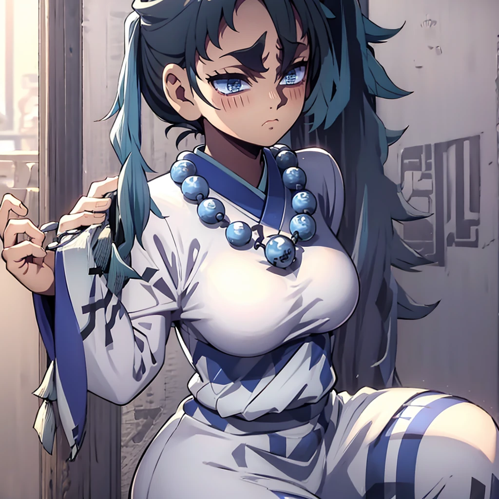 topknot, light blue hair, white clothes, pelvic curtain, bead necklace, beads, japanese clothes, [[Large breasts]], short ponytail, serious