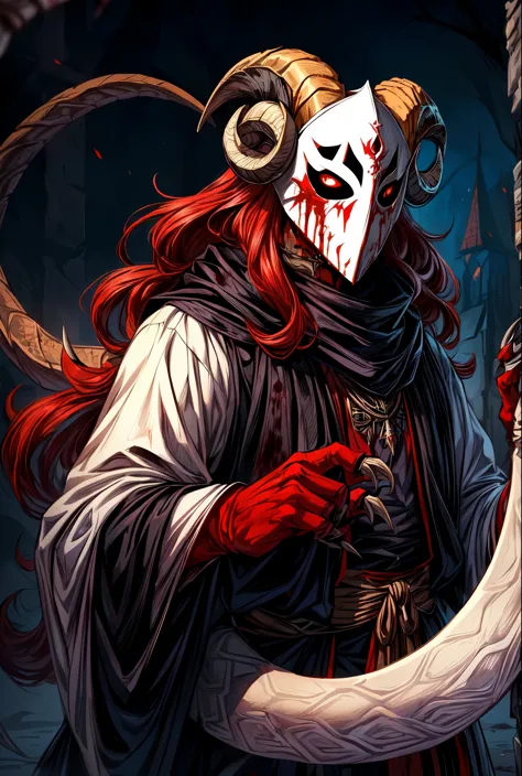 ((demon)), (((male))), male demon,  ((scary demon), (((wearing a scary white mask))), blood, (((ram curved horns))), long wavy r...