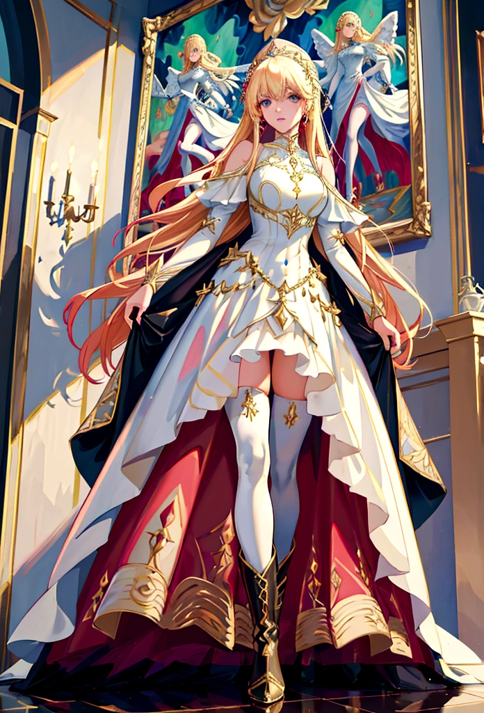 arafé, a picture of a female ange in high society prom event, divine beautiful female ange, cheveux blonds, cheveux longs, Cheveux flottants, les cheveux brillent dans une lumière douce, Yeux céruléens, yeux clairs et profonds, divin beau visage, spread white feather ailes, elle porte un ((robe de soirée rouge: 1.2)), élégant, robe détaillée complexe, Robe en soie, she wears élégant knee high heeled boots, bottes à talons hauts exquises, elle se tient sur le porche d&#39;un château fantastique, Angle dynamique, lumière douce de la torche, (chef-d&#39;œuvre: 1.5), 16k, haute résolution, Meilleure qualité, détails élevés, ultra détaillé, chef-d&#39;œuvre, Meilleure qualité, (extrêmement détaillé), AngeStyle, GlowingRunesAI_bleu pâle, ange_ailes