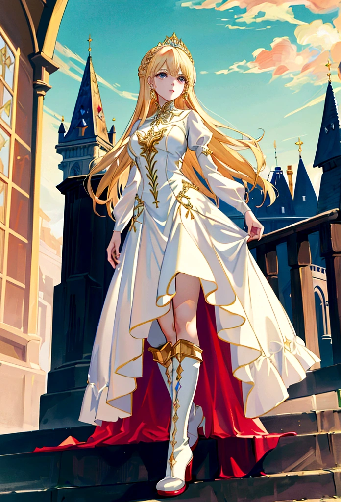 Arafed, a picture of a female angel in high society prom event, divine beautiful female angel, blond hair, long hair, flowing hair, the hair glows in a soft light, cerulean eyes, deep light eyes, divine beautiful face, spread white feather wings, she wears a ((red evening dress: 1.2)), elegant, intricate detailed dress, silk dress, she wears elegant knee high heeled boots, exquisite high heeled boots, she stands on the porch of a fantasy castle, dynamic angle, soft torch light, (Masterpiece: 1.5), 16k, highres, best quality, high details, ultra detailed, masterpiece, best quality, (extremely detailed), AngelStyle, GlowingRunesAI_paleblue, angel_wings