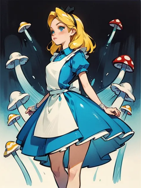obra maestra, 1 chica, solo, turn her into a sexy Alice in Wonderland with blonde hair, vestido azul claro con delantal blanco, ...