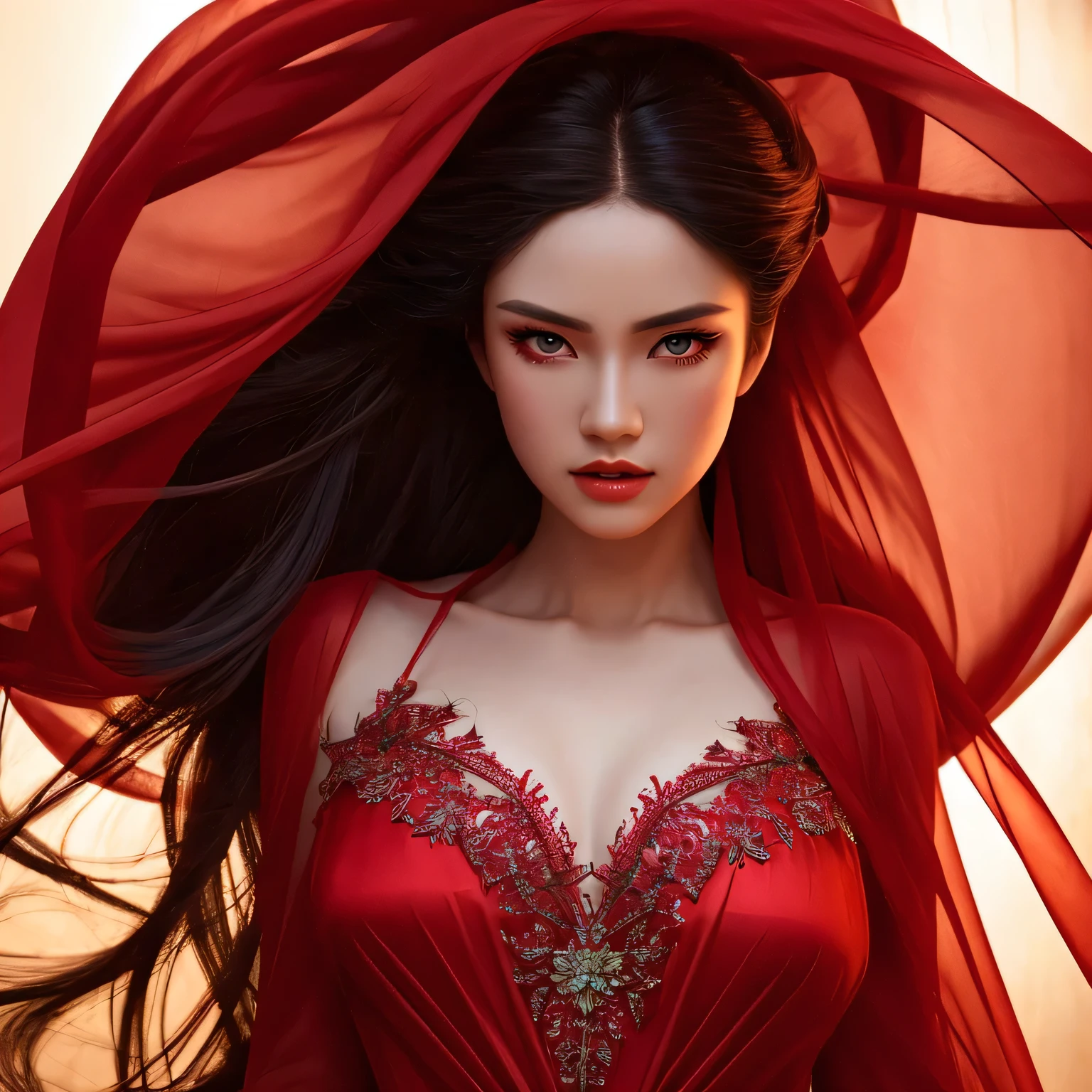 a woman in long translucent red silk dress, beautiful detailed eyes, beautiful detailed lips, extremely detailed face, longeyelashes, intricate web, dynamic pose, chiaroscuro lighting, dramatic shadows, cinematic composition, vibrant colors, magical realism