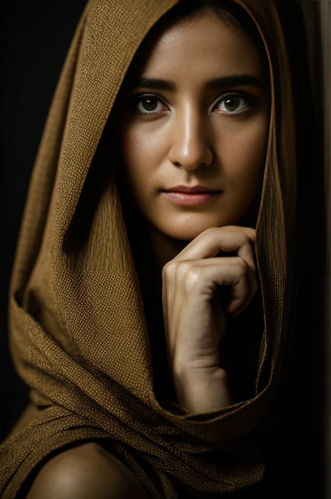 Amazingly Beautiful Young Woman、Realistic portrait without makeup, Very detailed light hazel eyes, Symmetrical, realistic face with great detail, Messy Hair, Wearing a shawl on her head, masterpiece, absurdes, Award-winning photograph：Lee Jeffries, Nikon D850 film stock photograph, Kodak Portra 400 Camera F1.6 Lenses, Very detailed, wonderful, The finer details, Rich colors, ultra-realisticな質感, Dramatic lighting, Unreal Engine, Trending on Art Station, cinestill 800 tungsten, Looking at the audience, photograph Real, RAWphotograph, TanvirTamim, high quality, High resolution, Sharp focus, Very detailed, Cinema Lighting, 8k UHD --v4 , ultra-realistic, Cinematography, Super detailedな, Absolute realism, cinematic scene Cinema Lighting, Super Resolution, perfectionism,Super detailed, Hypermaximalist, amazing, Photorealism, Very detailed, Shot with a professional camera, Cinema Lighting, Soft lighting, Intricate details, Depth of written boundary, photograph, Cinematic shots, --automatic