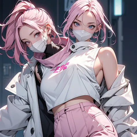 1girl, pink hair, cyber helmet, hood, sexy white tank top, cyber body, white cargo pants, mouth mask, covered mouth, pale skin, ...