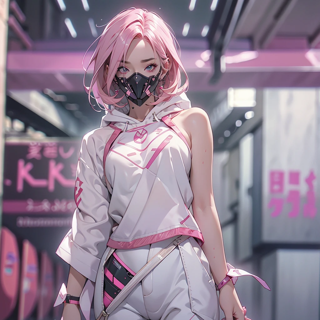 1girl, pink hair, cyber helmet, hood, sexy white tank top, cyber body, white cargo pants, mouth mask, covered mouth, pale skin, Blur background, 8K, Hi-Res, bare skin,