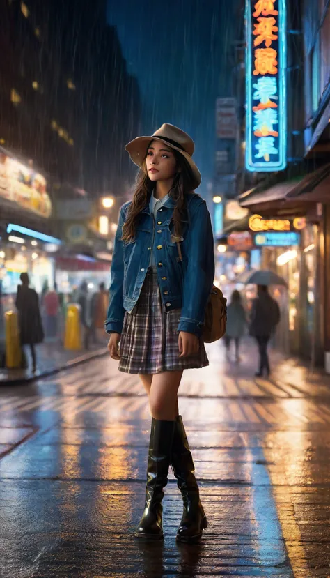 "a girl is strolling through the city street at night, amidst gentle rainfall. she's dressed comfortably, donning a jacket, hat,...