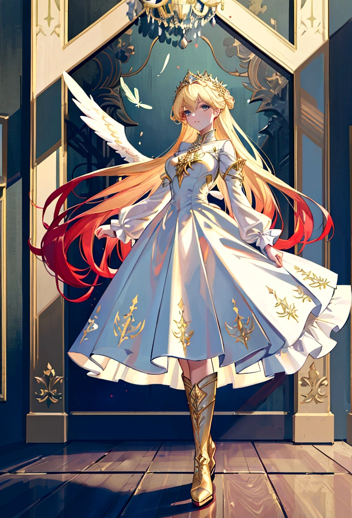 Arafed, a picture of a female angel in high society prom event, divine beautiful female angel, blond hair, long hair, flowing hair, the hair glows in a soft light, cerulean eyes, deep light eyes, divine beautiful face, (spread white feather wings: 1.1), she wears a ((red evening dress: 1.2)), elegant, intricate detailed dress, silk dress, she wears elegant knee high heeled boots, exquisite high heeled boots, she stands on the porch of a fantasy castle, dynamic angle, soft torch light, (Masterpiece: 1.5), 16k, highres, best quality, high details, ultra detailed, masterpiece, best quality, (extremely detailed), AngelStyle, GlowingRunesAI_paleblue, angel_wings, Angel