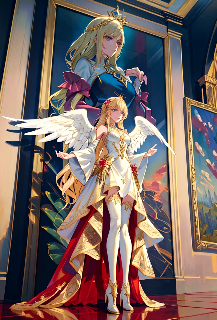 Arafed, a picture of a female angel in high society prom event, divine beautiful female angel, blond hair, long hair, flowing hair, the hair glows in a soft light, cerulean eyes, deep light eyes, divine beautiful face, (spread white feather wings: 1.1), she wears a ((red evening dress: 1.2)), elegant, intricate detailed dress, silk dress, she wears elegant knee high heeled boots, exquisite high heeled boots, she stands on the porch of a fantasy castle, dynamic angle, soft torch light, (Masterpiece: 1.5), 16k, highres, best quality, high details, ultra detailed, masterpiece, best quality, (extremely detailed), AngelStyle, GlowingRunesAI_paleblue, angel_wings, Angel