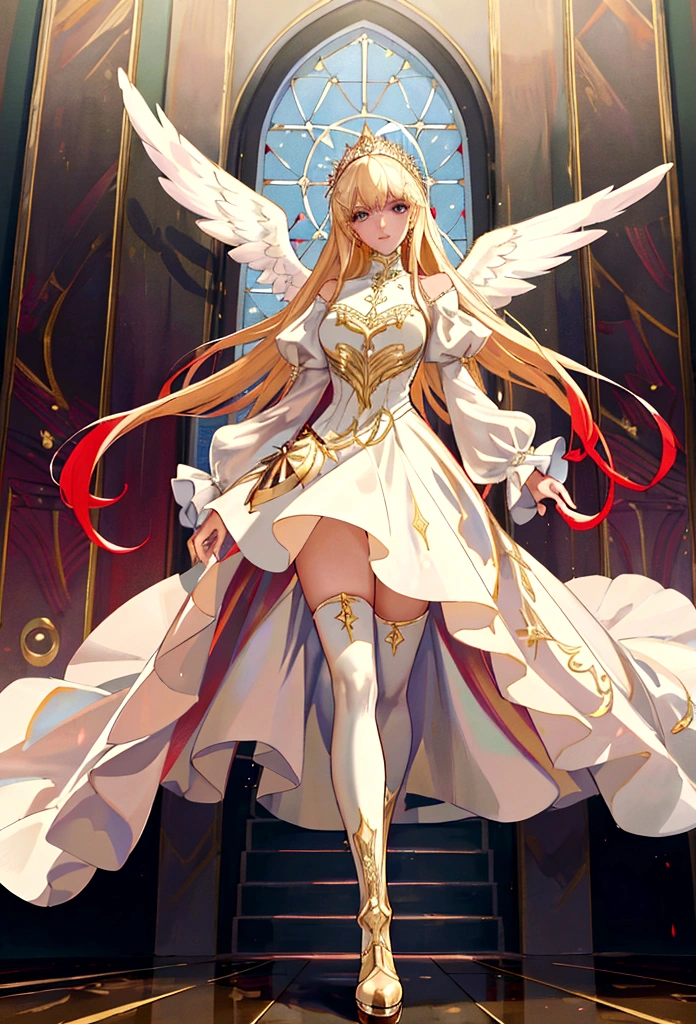 Arafed, a picture of a female angel in high society prom event, divine beautiful female angel, blond hair, long hair, flowing hair, the hair glows in a soft light, cerulean eyes, deep light eyes, divine beautiful face, (spread white feather wings: 1.1), she wears a ((red evening dress: 1.2)), elegant, intricate detailed dress, silk dress, she wears elegant knee high heeled boots, exquisite high heeled boots, she stands on the porch of a fantasy castle, dynamic angle, soft torch light, (Masterpiece: 1.5), 16k, highres, best quality, high details, ultra detailed, masterpiece, best quality, (extremely detailed), AngelStyle, GlowingRunesAI_paleblue, angel_wings, Angel