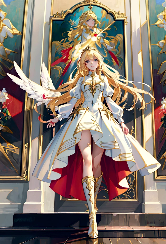 Arafed, a picture of a female angel in high society prom event, divine beautiful female angel, blond hair, long hair, flowing hair, the hair glows in a soft light, cerulean eyes, deep light eyes, divine beautiful face, (spread white feather wings: 1.1), she wears a ((red evening dress: 1.2)), elegant, intricate detailed dress, silk dress, she wears elegant knee high heeled boots, exquisite high heeled boots, she stands on the porch of a fantasy castle, dynamic angle, soft torch light, (Masterpiece: 1.5), 16k, highres, best quality, high details, ultra detailed, masterpiece, best quality, (extremely detailed), AngelStyle, GlowingRunesAI_paleblue, angel_wings, Angel