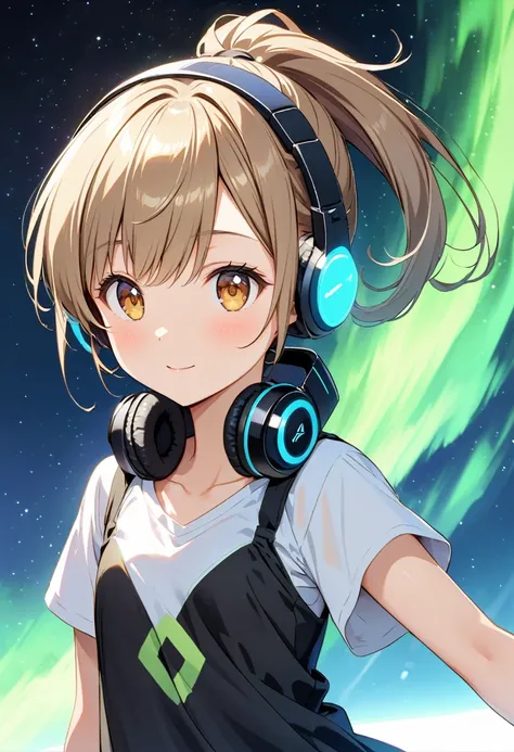 night view, ponytail, brown eyes, flat chest,  of the future, aurora shining in the night sky, beautiful, headphones，dazzling an...