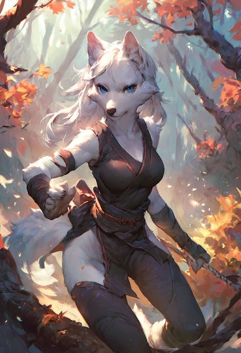 score_9, score_8_up, score_7_up, score_6_up, score_5_up, score_4_up, (solo), female anthro wolf, solo, forest, ninja outfit, medium length white hair, dark blue eyes, pure white fur,