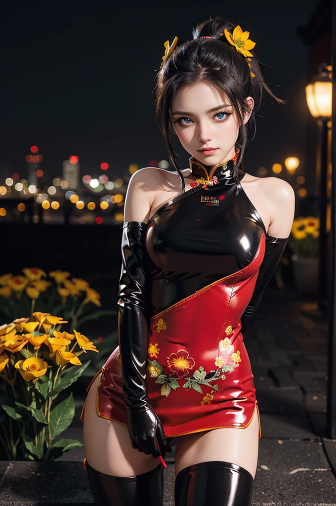 (RAW photo, best quality), Cute girl with short black hair, (ponytail), (city roof at night background), low light , green eyes , dark eyeliner, innocent smile, gorgeous face , super cute, 18 years old , young looking, hyper detailed face, dark eyeliner, (medium breast), (thin waist), (bare shoulders, (bare hips), red PVC mini dress with yellow flower decoration and vivid patterns, qipao, deep black leather thigh high boots, red PVC long sleeve gloves with yellow flower decorations