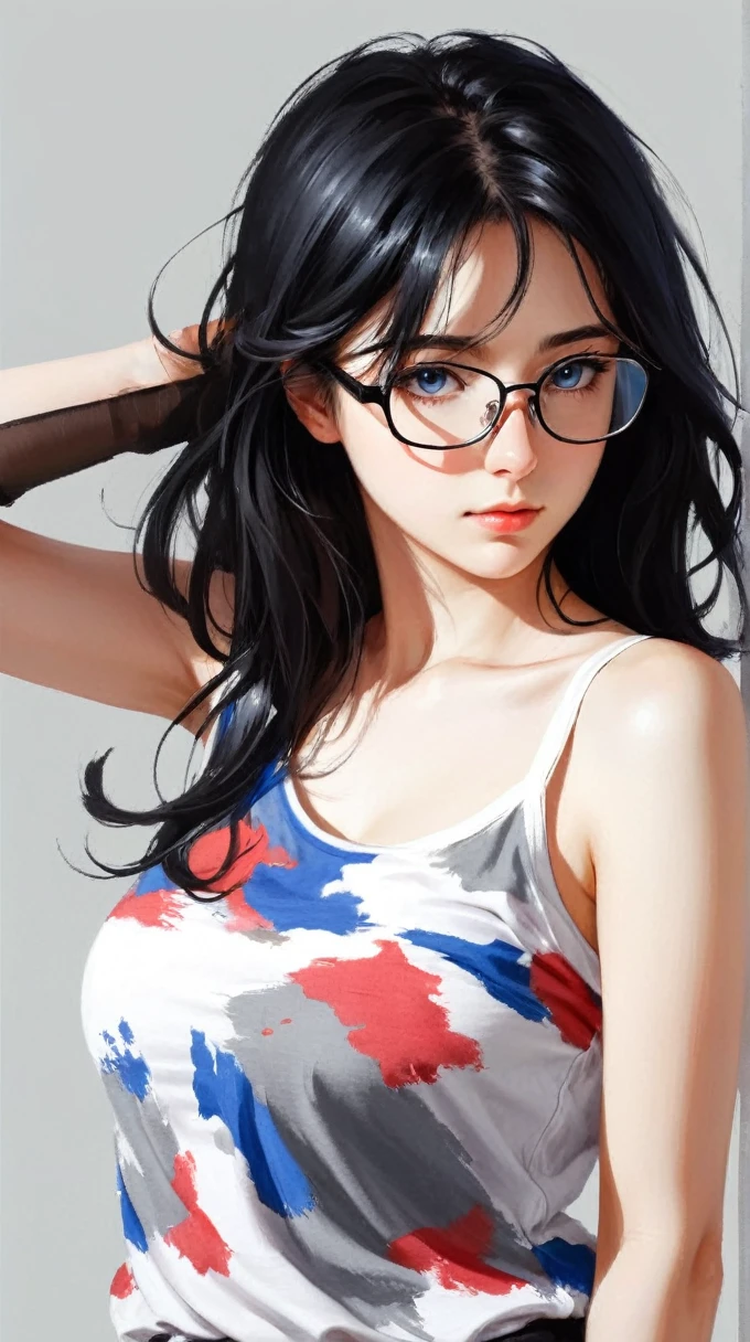 1girl, bare_shoulders, black_hair, blush, breasts, closed_mouth, eyebrows_visible_through_hair, blue eyes, glasses, grey_background, hair_between_eyes, long_hair, looking_at_viewer, big_breasts, shirt, simple_background, sleeveless, sleeveless_shirt, solo, upper_body, white_background, white_shirt, torn clothes, underwear, nsfw, solo, looking at viewer,  sumi-e, masterpiece,best quality,extremely detailed,fine details,official art,unity 8k wallpaper,4K,8K,UHD, antiBlur,photography, abstract background, (upper body:1.5)