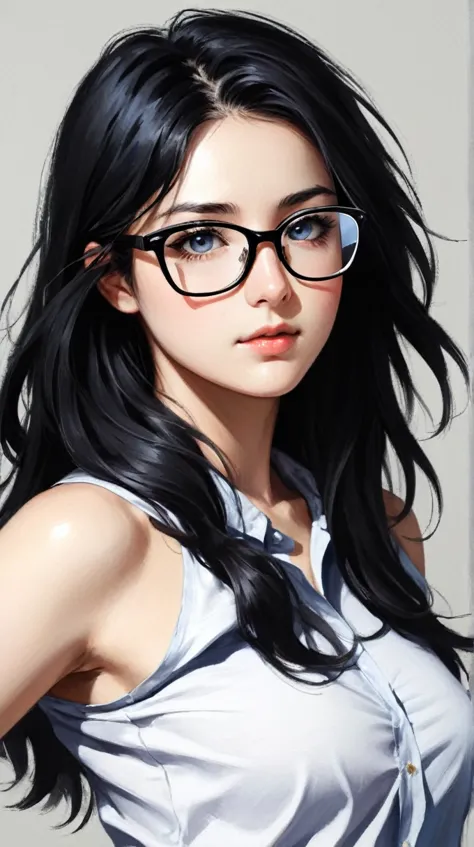 1girl, bare_shoulders, black_hair, blush, breasts, closed_mouth, eyebrows_visible_through_hair, blue eyes, glasses, grey_backgro...