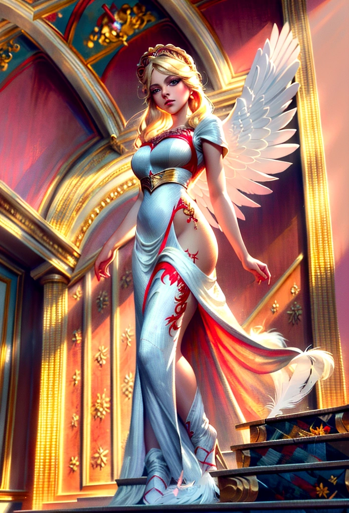 Arafed, a picture of a female angel in high society prom event, divine beautiful female angel, blond hair, long hair, flowing hair, the hair glows in a soft light, cerulean eyes, deep light eyes, divine beautiful face, (spread white feather wings: 1.1), she wears a ((red evening dress: 1.2)), elegant, intricate detailed dress, silk dress, she wears elegant knee high heeled boots, exquisite high heeled boots, she stands on the porch of a fantasy castle, dynamic angle, soft torch light, (Masterpiece: 1.5), 16k, highres, best quality, high details, ultra detailed, masterpiece, best quality, (extremely detailed), AngelStyle, GlowingRunesAI_paleblue, angel_wings, Angel