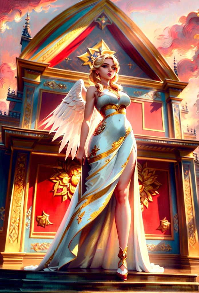 Arafed, a picture of a female angel in high society prom event, divine beautiful female angel, blond hair, long hair, flowing hair, the hair glows in a soft light, cerulean eyes, deep light eyes, divine beautiful face, (spread white feather wings: 1.1), she wears a ((red evening dress: 1.2)), elegant, intricate detailed dress, silk dress, she wears elegant knee high heeled boots, exquisite high heeled boots, she stands on the porch of a fantasy castle, dynamic angle, soft torch light, (Masterpiece: 1.5), 16k, highres, best quality, high details, ultra detailed, masterpiece, best quality, (extremely detailed), AngelStyle, GlowingRunesAI_paleblue, angel_wings, Angel