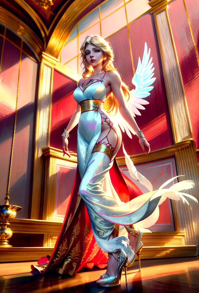 Arafed, a picture of a female angel in high society prom event, divine beautiful female angel, blond hair, long hair, flowing hair, the hair glows in a soft light, cerulean eyes, deep light eyes, divine beautiful face, (spread white feather wings: 1.1), she wears a ((red evening dress: 1.2)), elegant, intricate detailed dress, silk dress, she wears elegant knee high heeled boots, exquisite high heeled boots, she stands on the porch of a fantasy castle, dynamic angle, soft torch light, (Masterpiece: 1.5), 16k, highres, best quality, high details, ultra detailed, masterpiece, best quality, (extremely detailed), AngelStyle, GlowingRunesAI_paleblue, angel_wings, Angel