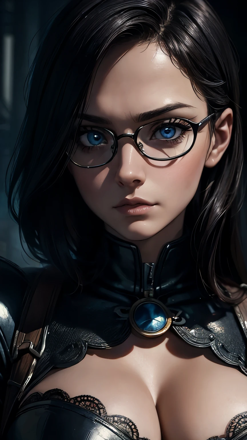 (masterpiece), best quality, expressive eyes, perfect face, detailed eyes, dark fantasy, Margot, dystopian world, dystopian warrior, cleavage, massive snoopy breast, badass woman, sensual , closeup portrait, glasses