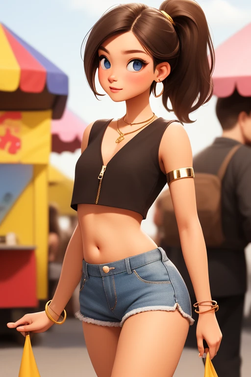 Sexy Girl，10 years old，Very short stature，Thin thighs，Small Ass，Brown Hair, blue eyes, ponytail, Crop top, Zippered shorts, panties, bracelet, Earrings, Gold Necklace, Walking through the carnival