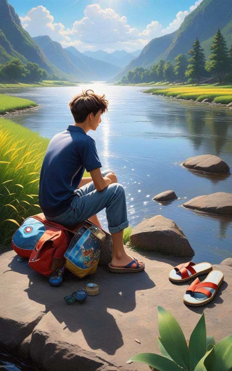 prompt: ((Ganzkörper)), Im Kunststil von Leng Jun und Norman Rockwell, hd, 8K-Auflösung, Ganzkörper, 16k Auflösung, hd, Ansicht von hinten, 1 BOY is sitting by the Fluss watching the sun rice in the background, Fluss, Berge, sun, Wolken Er trägt Flip-Flop-Sandalen, dramatisch, pacefull scene hochwertige meisterhafte Stilllebenmalerei, Ölgemälde, Lebendige, satte Farben, atmosphärische Perspektive, Tiefe, Illustration, komplizierte Details, ultrahohe Auflösung, scharfe Details, scharfer Fokus, 8K-Auflösung Miki Asai Macro photography, Ganzkörper, hyperdetailliert, Trends auf ArtStation, scharfer Fokus, Studiofoto, komplizierte Details, sehr detailliert, von Greg Rutkowski ,gehen_Pokémon, hochwertige meisterhafte Stilllebenmalerei, Ölgemälde, Lebendige, satte Farben, atmosphärische Perspektive, Tiefe, Illustration, komplizierte Details, ultrahohe Auflösung, scharfe Details, scharfer Fokus, 8K-Auflösung Miki Asai Macro photography, Ganzkörper, hyperdetailliert, Trends auf ArtStation, scharfer Fokus, Studiofoto, komplizierte Details, sehr detailliert, von Greg Rutkowski ,gehen_Pokémon,
