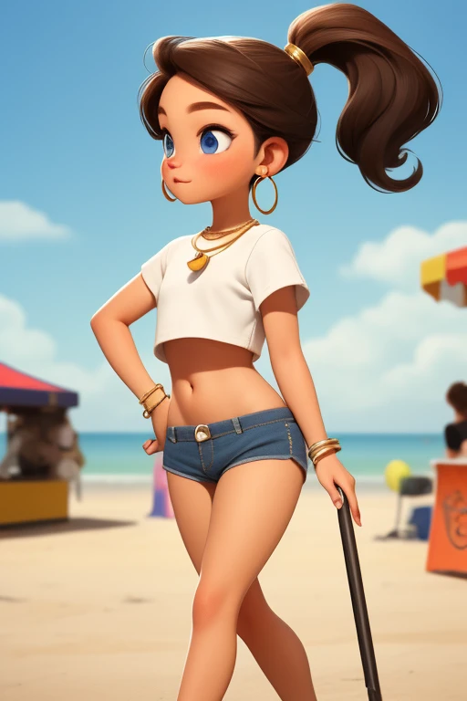 Cute ，10 years old，Very short stature，Thin thighs，Small Ass， body type，Brown Hair, blue eyes, ponytail, Crop top, Zippered shorts, Open Fly，White cotton panties, bracelet, Earrings, Gold Necklace, Walking through the carnival，