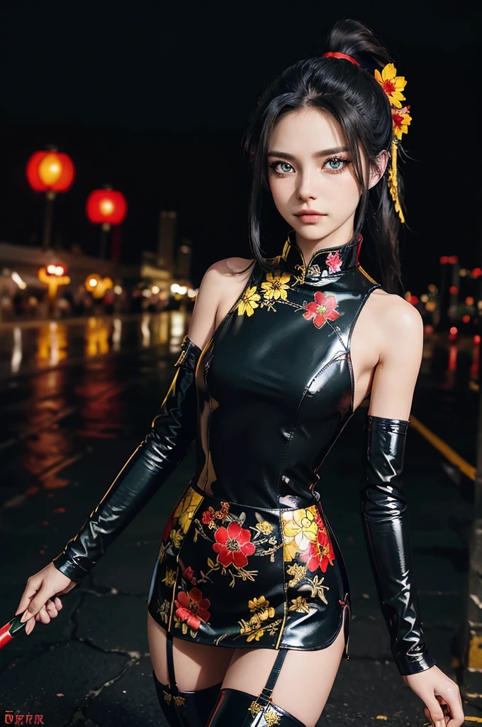 (RAW photo, best quality), Cute girl with short black hair, (ponytail), (city roof at night background), low light , green eyes , dark eyeliner, innocent smile, gorgeous face , super cute, 18 years old , young looking, hyper detailed face, dark eyeliner, (medium breast), (thin waist), (bare shoulders, (bare hips), black and red PVC mini dress with yellow flower decoration and vivid red patterns, qipao, deep black leather thigh high boots, black and red PVC arm sleeves with yellow flower decorations and vivid red patterns, (wide gold metal belt)