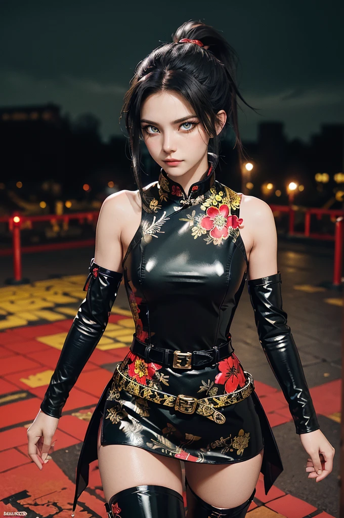 (RAW photo, best quality), Cute girl with short black hair, (ponytail), (city roof at night background), low light , green eyes , dark eyeliner, innocent smile, gorgeous face , super cute, 18 years old , young looking, hyper detailed face, dark eyeliner, (medium breast), (thin waist), (bare shoulders, (bare hips), black and red PVC mini dress with yellow flower decoration and vivid red patterns, qipao, deep black leather thigh high boots, black and red PVC arm sleeves with yellow flower decorations and vivid red patterns, (wide gold metal belt)