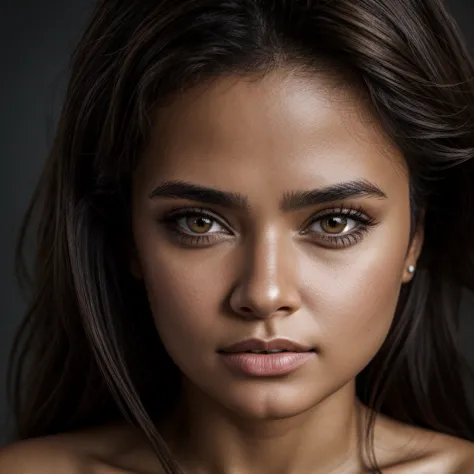 Ultra realistic portrait photo of a mixed-race woman, cute, light brown eyes, small face, of Brazilian origin, detailed in 4K hi...