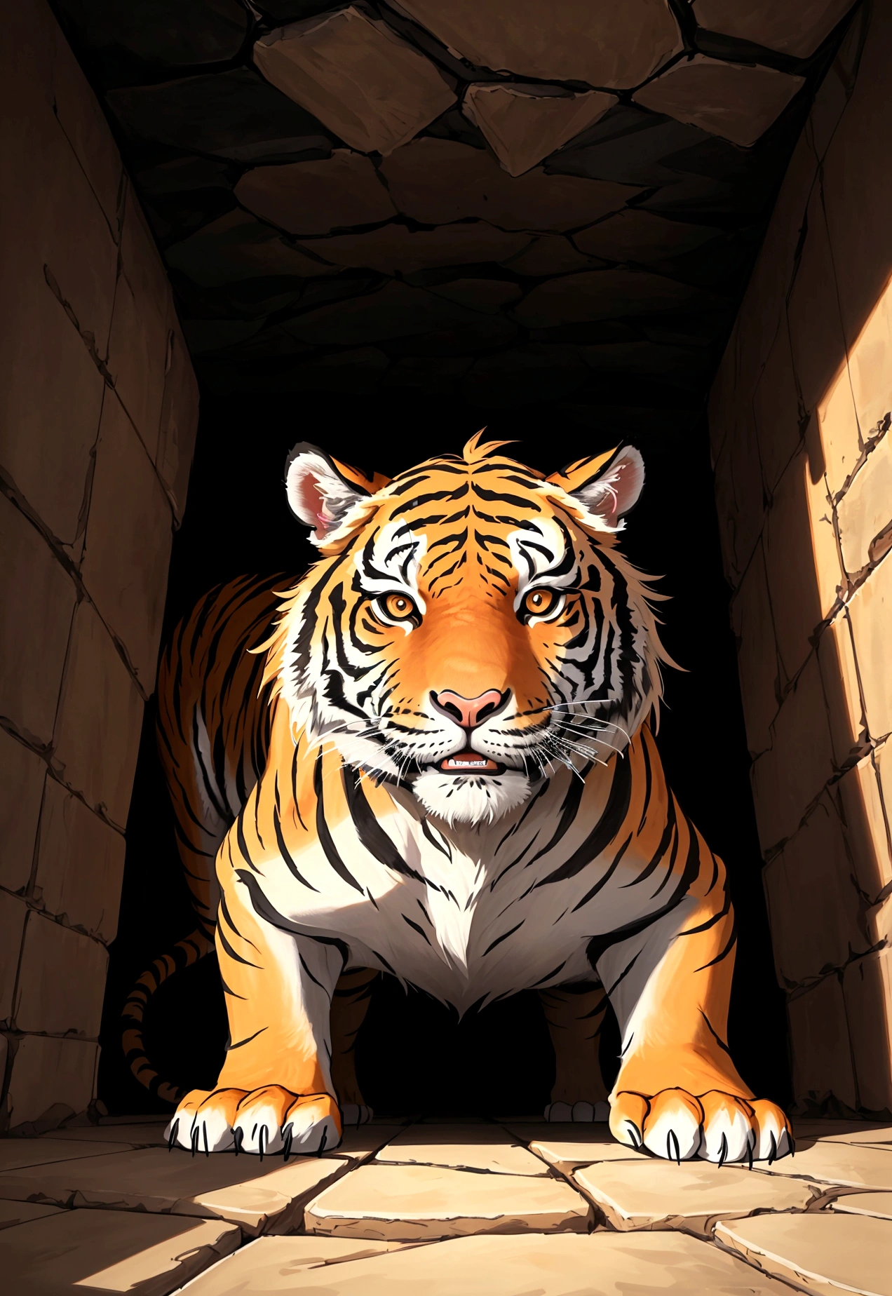 
"Create an image from the perspective of a tiger trapped in a pit, looking up. The viewpoint should be from the bottom of the pit, showing the tiger's gaze upward. Above the pit, there should be a man and a rabbit looking down at the tiger."