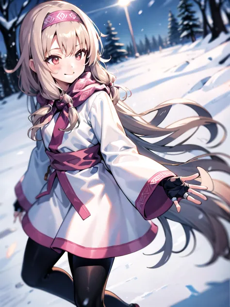 uhd, absurdres, 5k, masterpiece, best quality, 1girl, sitonai, ainu clothes, long sleeves, fingerless gloves, wide sleeves, off ...