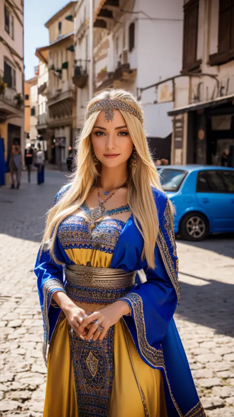 most beautiful german blonde lady, wearing kabyle robe, kabyledress, amazigh, berber, kabyleoitfits, bijoux, street background, ...