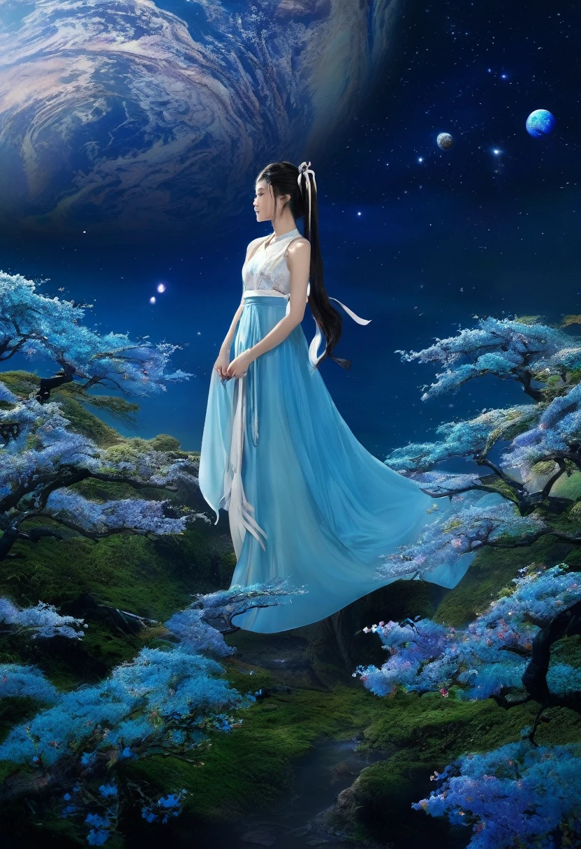 This image is、Detailed fantasy art depicting dreamy, otherworldly landscapes.。The elements are explained in detail below：

### Central figure - **clothing**: A young woman wearing a sailor uniform stands in the center.。彼女の制服はwhiteと紺色で、Traditional Japanese  design.。redいスカーフが胸元に結ばれています。
- **Hairstyle**: Women's hair is long、It extends to the back。Hair tied in a ponytail、It is fastened with a ribbon。
- **posture**: She stands with her back to、Place your hands together in front of your chest.、Gazing at the landscape。

### background - **building**: 背景には巨大で壮大なbuildingが立ち並んでいます。これらのbuildingはゴシック建築のように見え、It is characterized by its tall tower.。on the other hand、Traditional Japanese temples and houses are scattered in the foreground.。
- **Natural scenery**: Lush Mountains々or tree々、色とりどりのflowerが咲き乱れる庭園が広がっています。The cherry trees are in full bloom、pinkのflowerびらが舞っています。The river flows in a beautiful blue color.、You can also see a small waterfall。
- **Sky and planets**: The sky is clear、A huge planet floats in the blue sky。The planet is similar to Earth、I can see the clouds and the sea。Also、There is another planet in the sky with rings, like Saturn.。

### Other elements - **flower**: 手前には大きく美しいflower々is in full bloom、red、white、pink、The colorful colors, including yellow, are eye-catching.。
- **buildingのディテール**: 日本の伝統的なbuildingには瓦屋根or tree製の柱が見えます。これらのbuildingは手入れが行き届いており、In harmony with the surrounding nature。

This image is、The work combines real Japanese scenery with a fantastical other world.、It offers the viewer a gateway into a fantastical world.。The detailed depiction is rich、The color contrast is vivid。