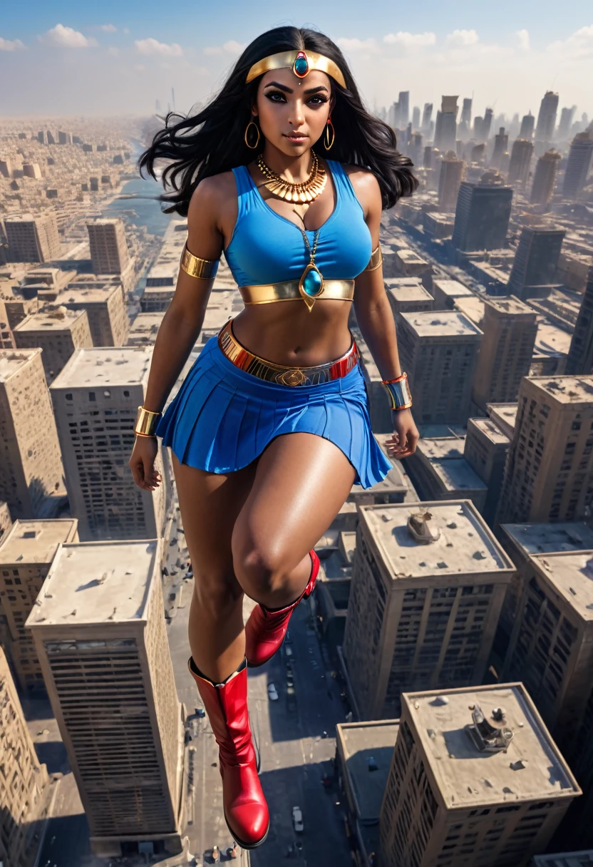 (best quality,4k,highres:1.2), a full body shot of Egyptian super heroine flying over a city, floating, pov from above. straight black hair, brown eyes, dark skin, athletic figure, curvy. blue top, bare midriff, blue skirt, red boots, bare legs, gold necklace with round red gem, gold bracers.