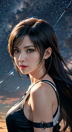 Art Station Trends, CGsociety Trends, Complex, Attention to detail, Sharp focus, dramatic, Starry Sky, Tifa Lockhart in Final Fantasy, Tifa&#39;s Original Costume Final Fantasy 7, Age 25, Mature Appearance, Travel and realistic drawing art by Greg Rutkowski, sketch, Tabletop, Highest quality, Very detailed, 1 Female, Half Body, Head to Bust Image Scope, Portrait Goals, Close-up shot, White tank top and black leather skirt, Standing position, Beautiful and delicate eyes, Cute face, bust, Big Boss, Beautiful and delicate face, Gray Hair, (Botanical illustration: 1.5), No exposure to pornography, Your breasts will get bigger,