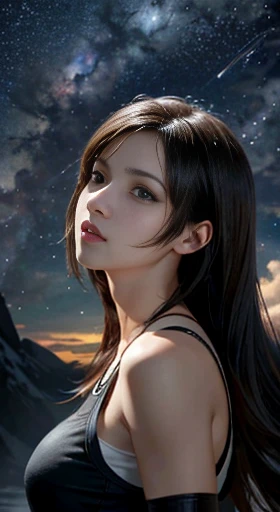 Art Station Trends, CGsociety Trends, Complex, Attention to detail, Sharp focus, dramatic, Starry Sky, Tifa Lockhart in Final Fantasy, Tifa&#39;s Original Costume Final Fantasy 7, Age 25, Mature Appearance, Travel and realistic drawing art by Greg Rutkowski, sketch, Tabletop, Highest quality, Very detailed, 1 Female, Half Body, Head to Bust Image Scope, Portrait Goals, Close-up shot, White tank top and black leather skirt, Standing position, Beautiful and delicate eyes, Cute face, bust, Big Boss, Beautiful and delicate face, Gray Hair, (Botanical illustration: 1.5), No exposure to pornography, Your breasts will get bigger,