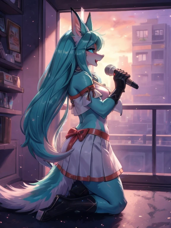 Chica anime,tennage girl 18 years old, anime style, cute hatsune miku x suicune, shy girl , Orejas de Kitsune, arte de dark natasha, city landscape, arte de vixen aztra, cuerpo completo, patas hermosas, cintura delgada, caderas amplias, navel white blouse, white&pink skirt, navel piercing, ear piercing, navel tattoo, atrevid pose, back pose, fluffly tail, sensual eyes (la mejor definicion) long hair, black flash, city party, city night life, party girl, idol girl, girl with microphone singing, deep blue eyes (HD), white&pink dress, super mega star idol, aura pura, silueta de luz, silueta radiante de luz dorada, su cuerpo brilla, best lighting in photography, fullbody picture, brigthess body siluet, singing in stadium