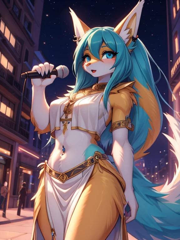 Chica anime,tennage girl 18 years old, anime style, cute hatsune miku x suicune, shy girl , Orejas de Kitsune, arte de dark natasha, city landscape, arte de vixen aztra, cuerpo completo, patas hermosas, cintura delgada, caderas amplias, navel white blouse, white&pink skirt, navel piercing, ear piercing, navel tattoo, atrevid pose, back pose, fluffly tail, sensual eyes (la mejor definicion) long hair, black flash, city party, city night life, party girl, idol girl, girl with microphone singing, deep blue eyes (HD), white&pink dress, super mega star idol, aura pura, silueta de luz, silueta radiante de luz dorada, su cuerpo brilla, best lighting in photography.