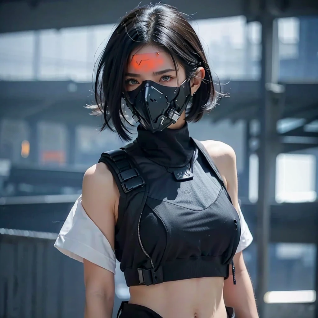 (masterpiece), best quality,1girl, short black hair, blue eyes, sexy urban techwear, white tank top, blurry background, eye focus, finger on lip, cowboy shot, huge city background, lora:GirlfriendMix2:1, zydG, looking over back, dramatic light, cinematic light, angry face, cyber masker, mouth mask, covered mouth