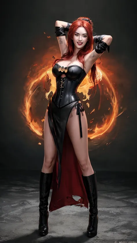 Megan Fox wearing the Evil Dark Phoenix costume, smiling, red hair tied in a bun at the back of her head, black corset, black th...