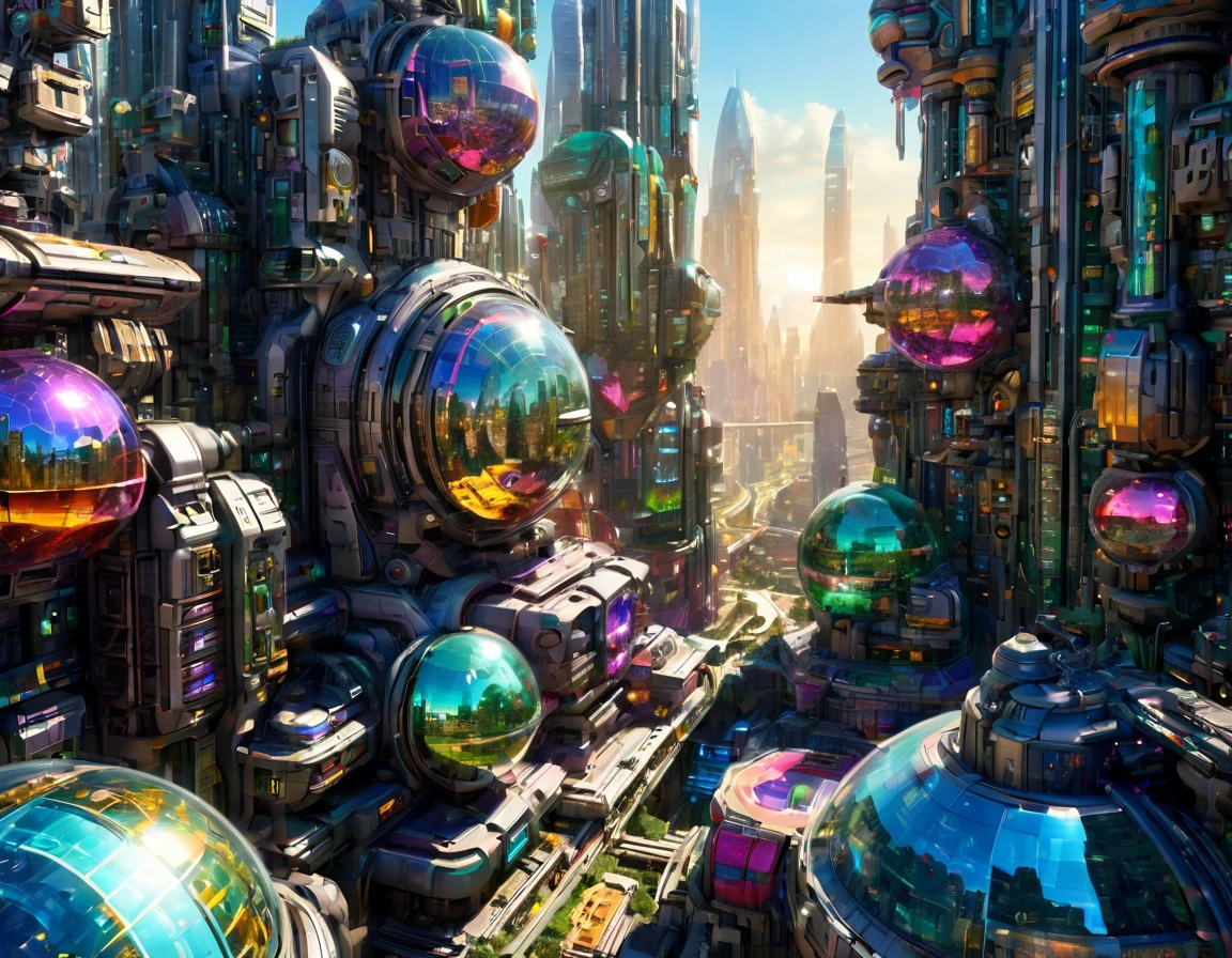 (sonniger Vormittagslicht), Megacity, Megalopolis einer imaginären Science-Fiction-Welt , ähnlich einem futuristischen Disneyland, und maximale Fantasie, mit riesigen Gebäuden und ovalen und zwölfeckigen Wolkenkratzern, die aus Metall und Glas gruppiert sind und in denen silberne und farbenfrohe Leuchtreklamen vorherrschen.. Gut definiertes 8K-Bild, (komplizierte Details der Maschine), mit vielen Gebäuden zusammen.(Meisterwerk von höchster Qualität).(fotorealistisches Bild), absolute Schärfe bis in den Hintergrund