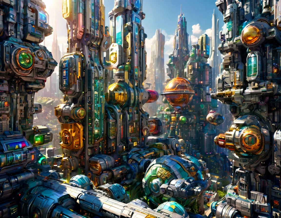 (sonniger Vormittagslicht), Megacity, Megalopolis einer imaginären Science-Fiction-Welt , ähnlich einem futuristischen Disneyland, und maximale Fantasie, mit riesigen Gebäuden und ovalen und zwölfeckigen Wolkenkratzern, die aus Metall und Glas gruppiert sind und in denen silberne und farbenfrohe Leuchtreklamen vorherrschen.. Gut definiertes 8K-Bild, (komplizierte Details der Maschine), mit vielen Gebäuden zusammen.(Meisterwerk von höchster Qualität).(fotorealistisches Bild), absolute Schärfe bis in den Hintergrund