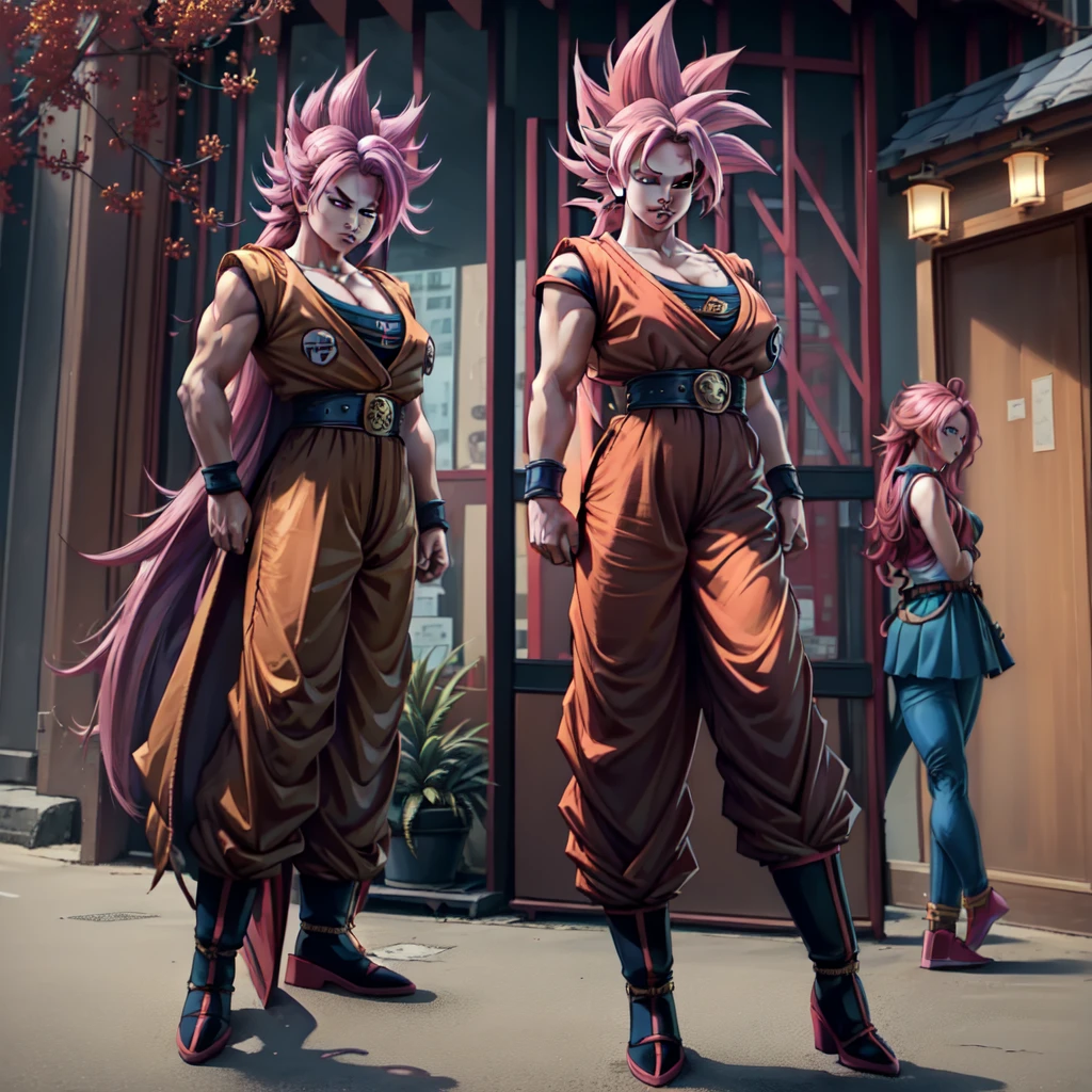 (masterpiece, best quality),  intricate details,
1girl,   xyzseraphine, pink hair, 
 TurtleSchoolUniform, dougi, belt, orange pants, blue footwear,  SuperSaiyan, super saiyan, spiked hair, aura, electricity, long hair,