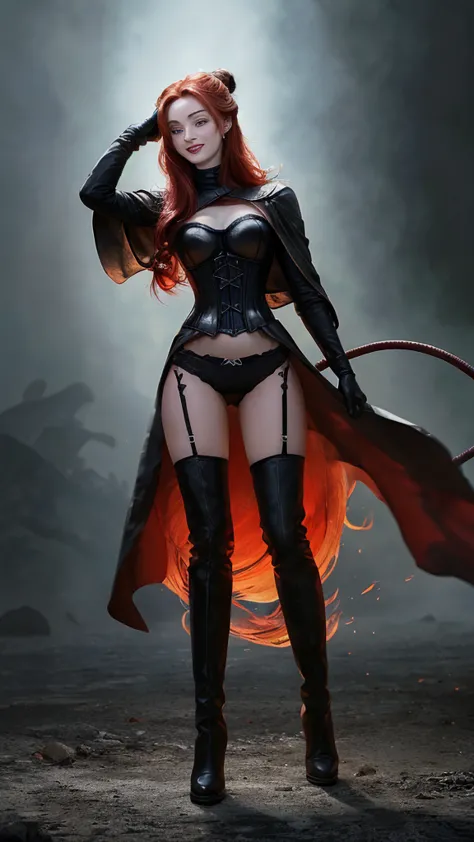 Sophie Turner wearing the Evil Dark Phoenix costume, smiling, red hair tied in a bun at the back of her head, black corset, blac...