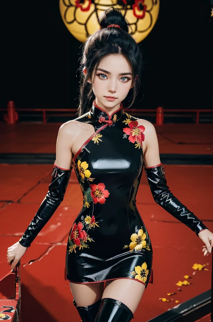 (RAW photo, best quality), Cute girl with short black hair, (ponytail), (city roof at night background), low light , dark eyeliner, innocent smile, gorgeous face , super cute, 18 years old , young looking, hyper detailed face, dark eyeliner, (medium breast), (thin waist, super slender), (bare shoulders, (bare hips), skintight black and red PVC qipao short dress with yellow flower decoration and vivid red patterns, deep black leather thigh high boots, black and red PVC arm sleeves with yellow flower decorations and vivid red patterns