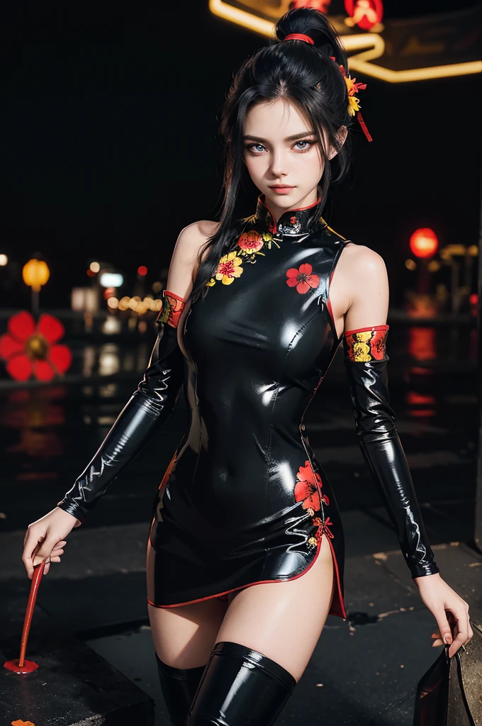 (RAW photo, best quality), Cute girl with short black hair, (ponytail), (city roof at night background), low light , dark eyeliner, innocent smile, gorgeous face , super cute, 18 years old , young looking, hyper detailed face, dark eyeliner, (medium breast), (thin waist, super slender), (bare shoulders, (bare hips), skintight black and red PVC qipao short dress with yellow flower decoration and vivid red patterns, deep black leather thigh high boots, black and red PVC arm sleeves with yellow flower decorations and vivid red patterns